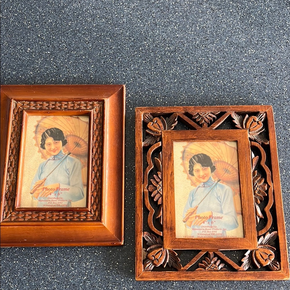 2 Elegant Asian Themed Brown Wood Carved 4x6 Photo Frame Set - Picture 6 of 6